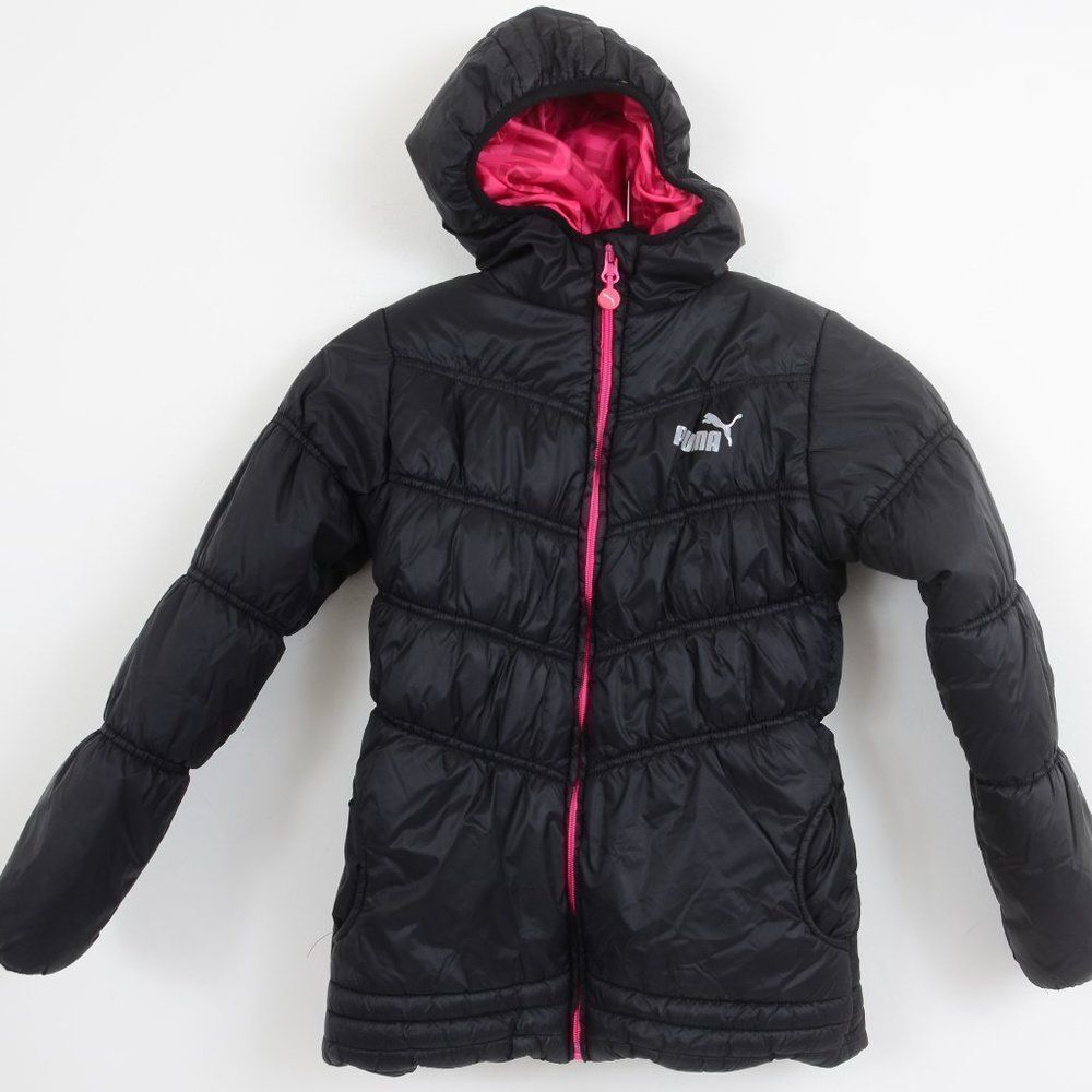 Puma Pink Black Puffer Hooded Jacket Girls Med (8-10) Warm Winter Jacket‎